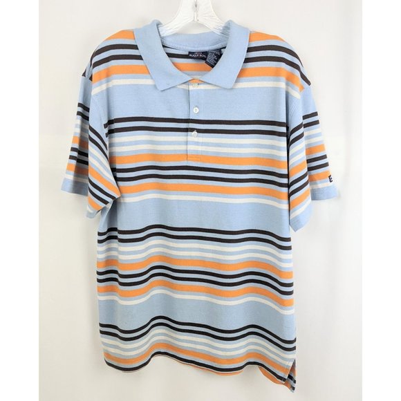 Vtg 1990s Bugle Boy Mens Blue Orange Brown White Striped Polo Henley Shirt Large - Picture 1 of 7